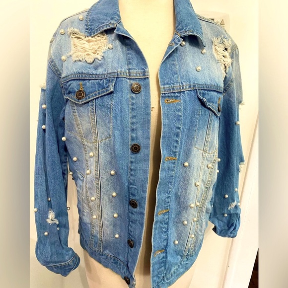 Pearl Embellished Distressed Denim Jacket - Size S - Picture 1 of 5